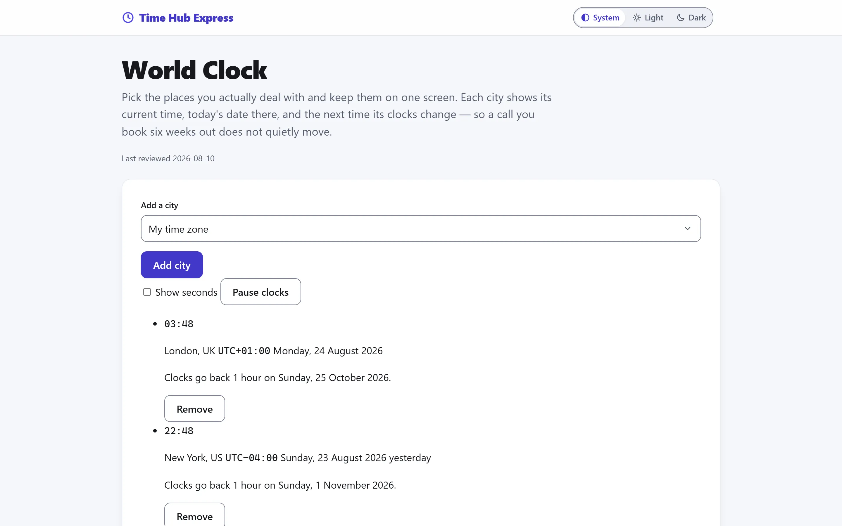 The world clock page: chosen cities pinned to one screen, each showing its current time, the date there, and the next clocks-change ahead of time.